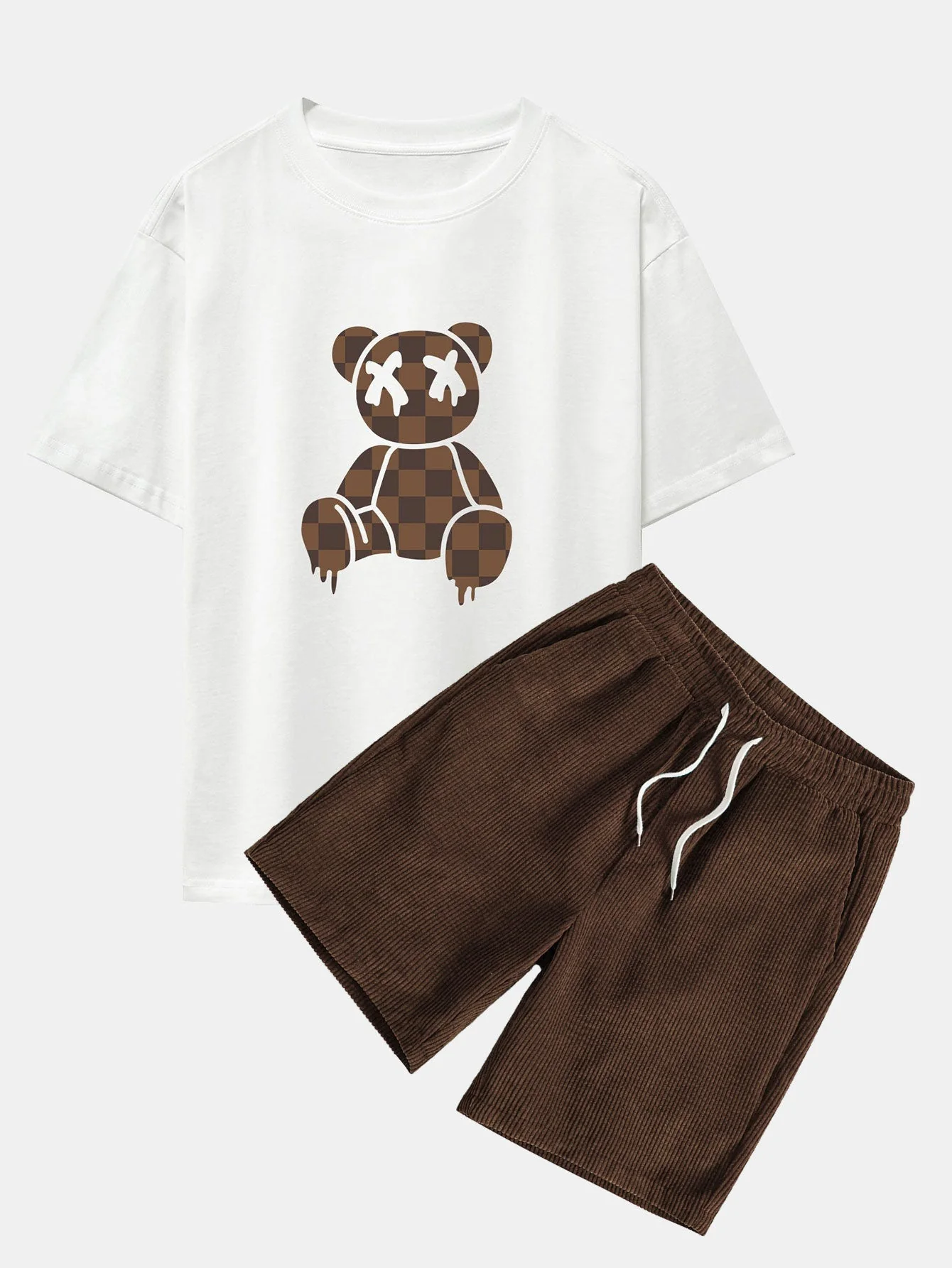 Jake® | Checkerboard Dissolving Bear Drop Shoulder Oversize T-Shirt & Corduroy Shorts - Image 2