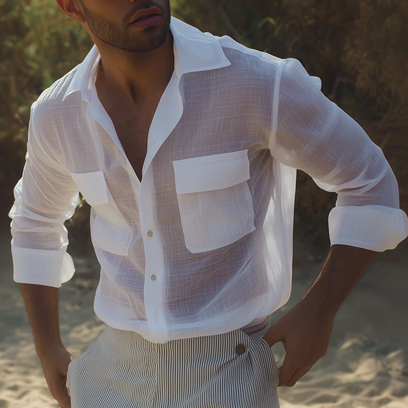 Jamal | Men'S Retro Casual Solid Color Linen Lapel Long Sleeve Shirt - Image 2