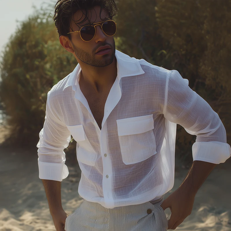 Jamal | Men'S Retro Casual Solid Color Linen Lapel Long Sleeve Shirt - Image 3