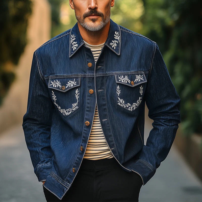 Jamal | Men'S Silver Vintage Embroidery Long Sleeve Denim Shirt - Image 2