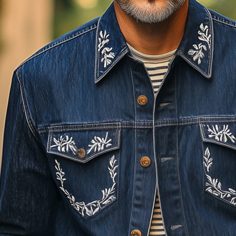 Jamal | Men'S Silver Vintage Embroidery Long Sleeve Denim Shirt - Image 3