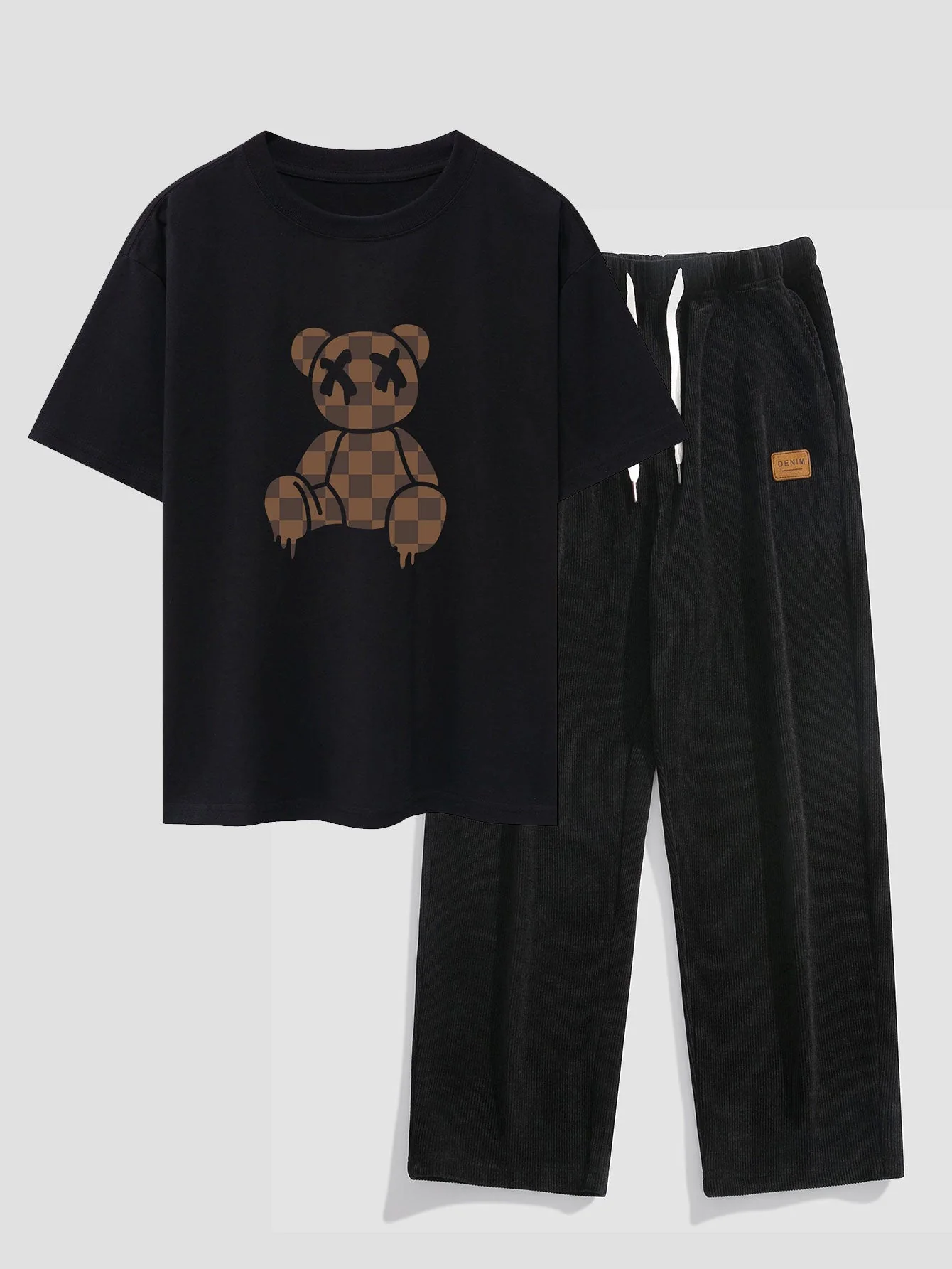James® | Checkerboard Dissolving Bear Drop Shoulder Oversize T-Shirt & Straight Leg Corduroy Pants - Image 2