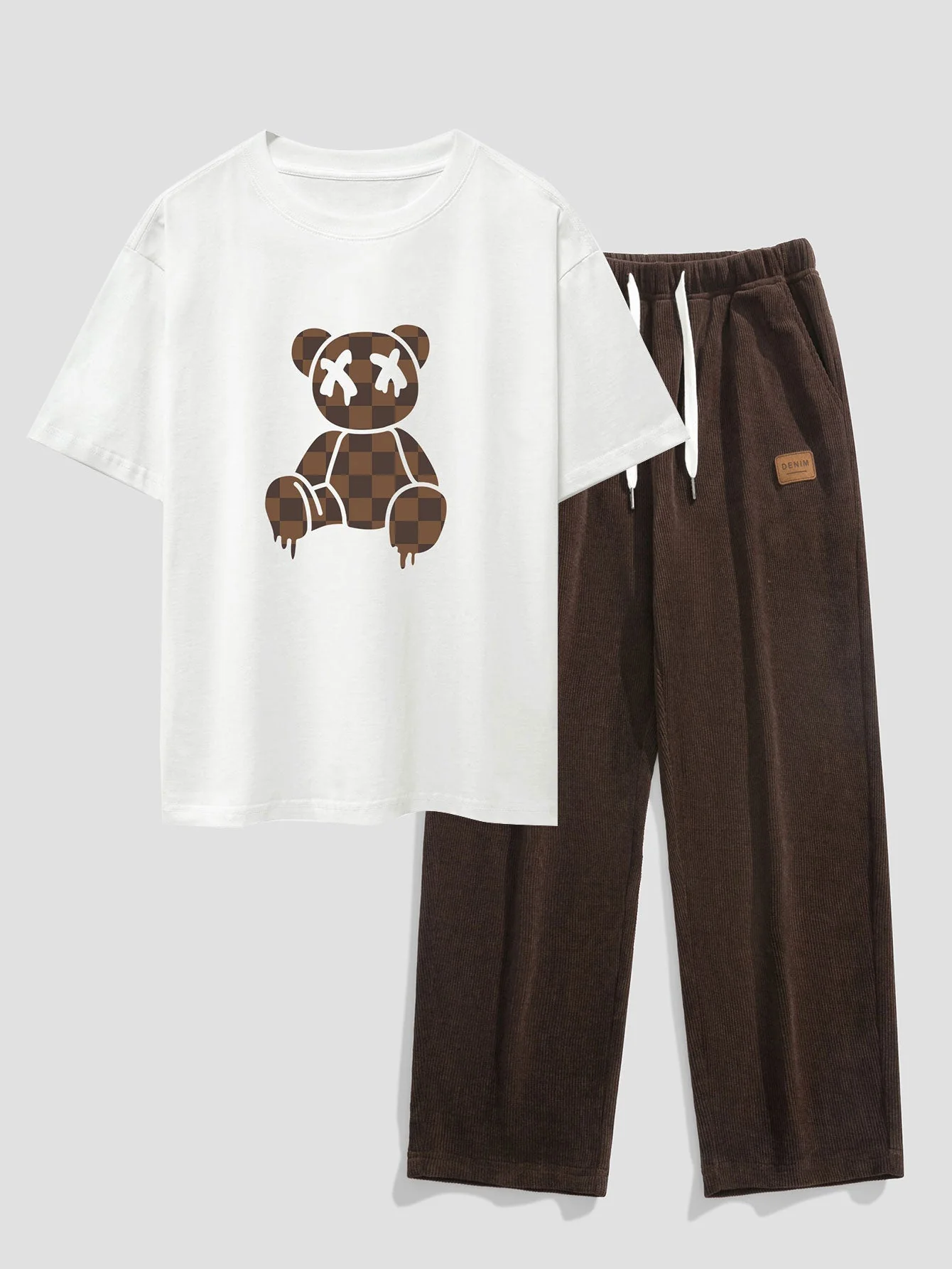 James® | Checkerboard Dissolving Bear Drop Shoulder Oversize T-Shirt & Straight Leg Corduroy Pants - Image 3