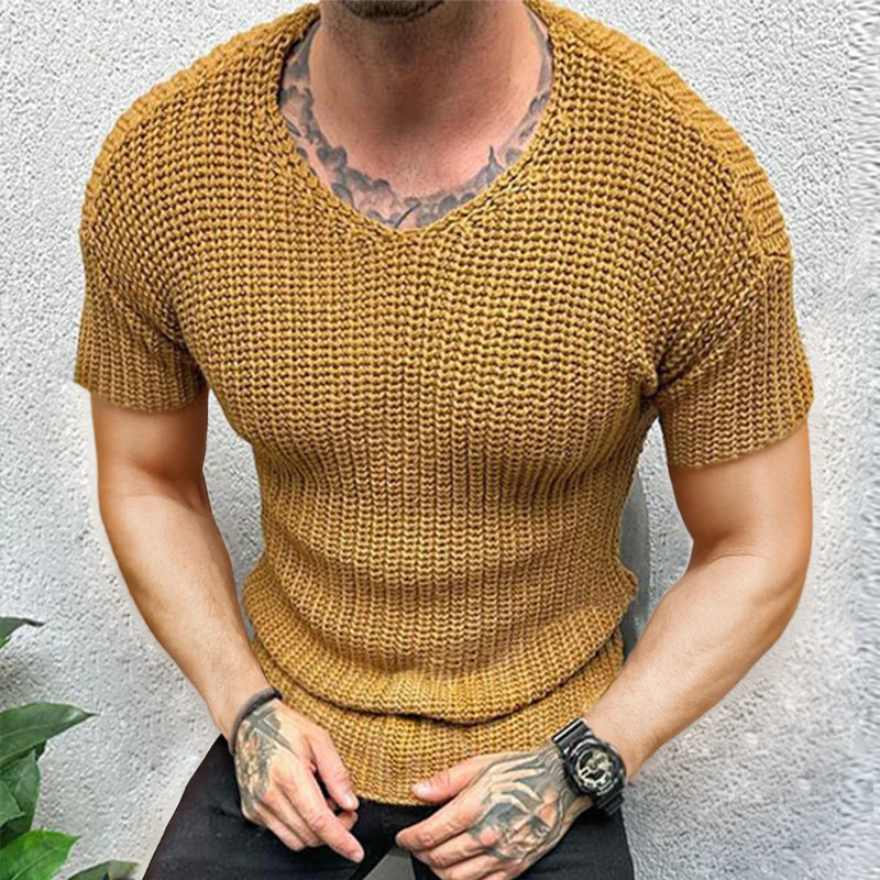James | Men'S Retro Casual Solid Color V-Neck Knitted Short Sleeve T-Shirt - Image 2