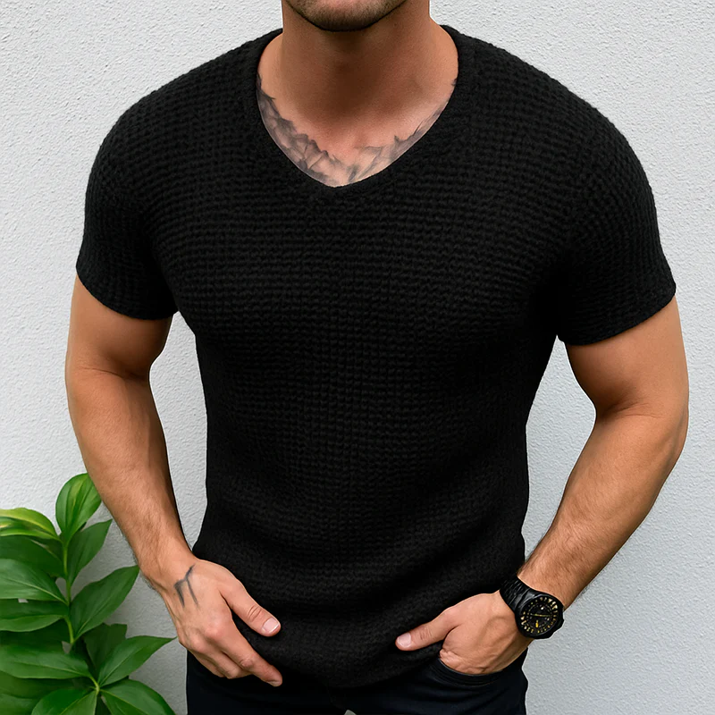 James | Men'S Retro Casual Solid Color V-Neck Knitted Short Sleeve T-Shirt - Image 3