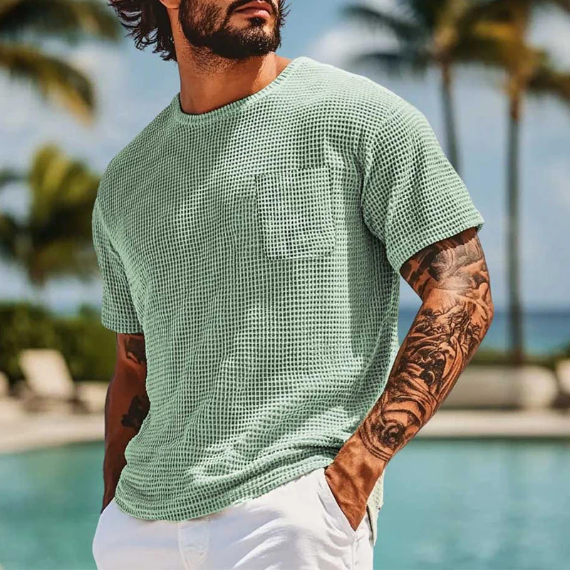 James | Men'S Solid Color Waffle Round Neck Short Sleeve T-Shirt - Image 2