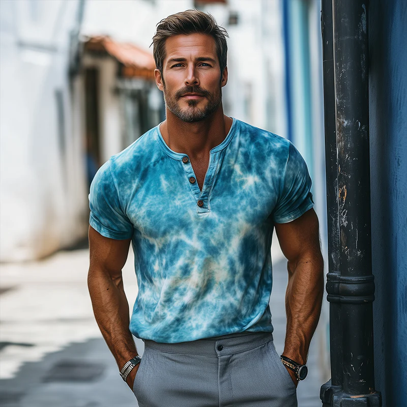 Jared | Men'S Retro Casual Gradient Print Henley Neck Short Sleeve T-Shirt - Image 3