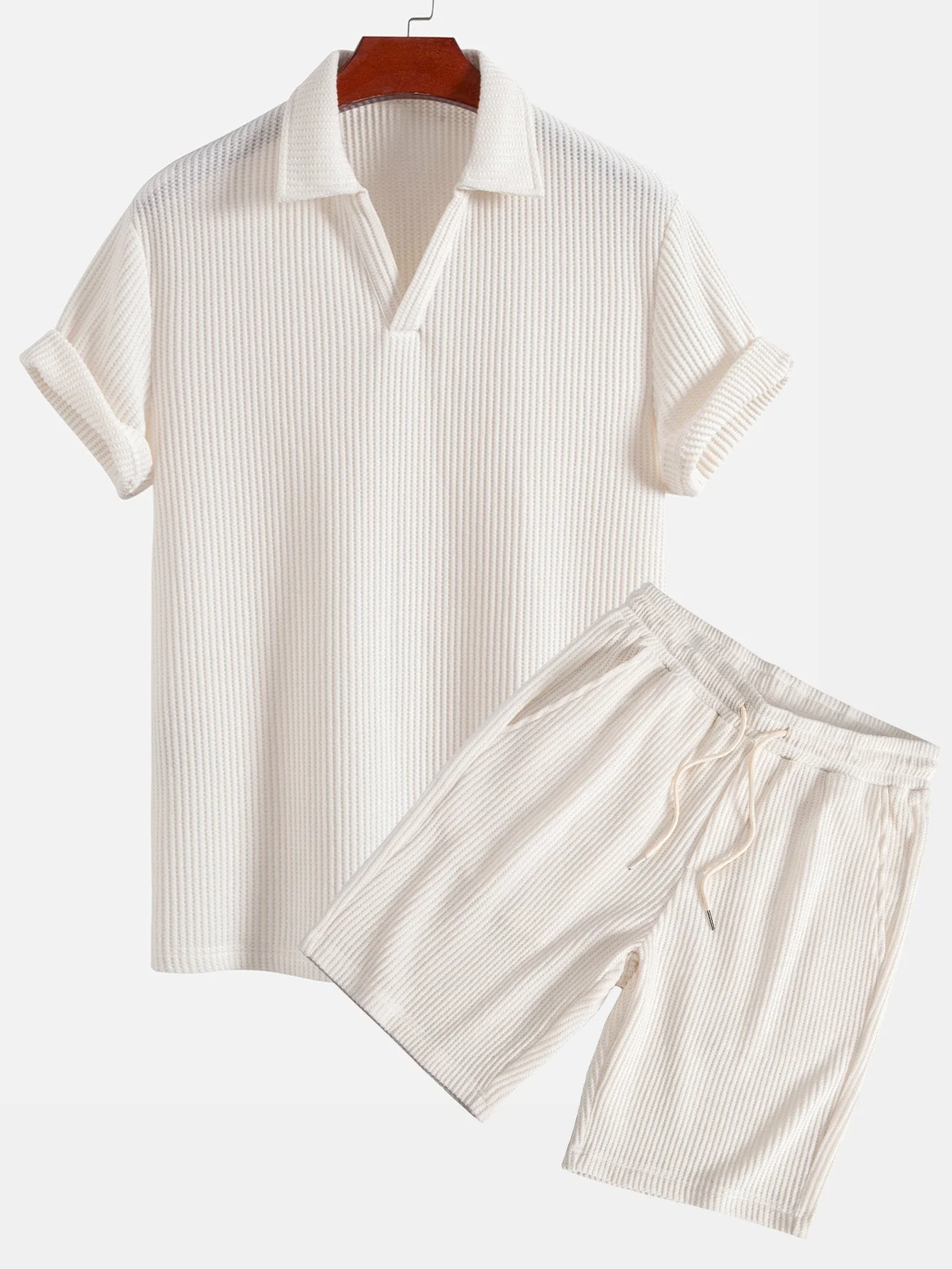 Javier® | Short Sleeved Waffle V-Neck Polo & Drawstring Knitted Waffle Shorts - Image 2