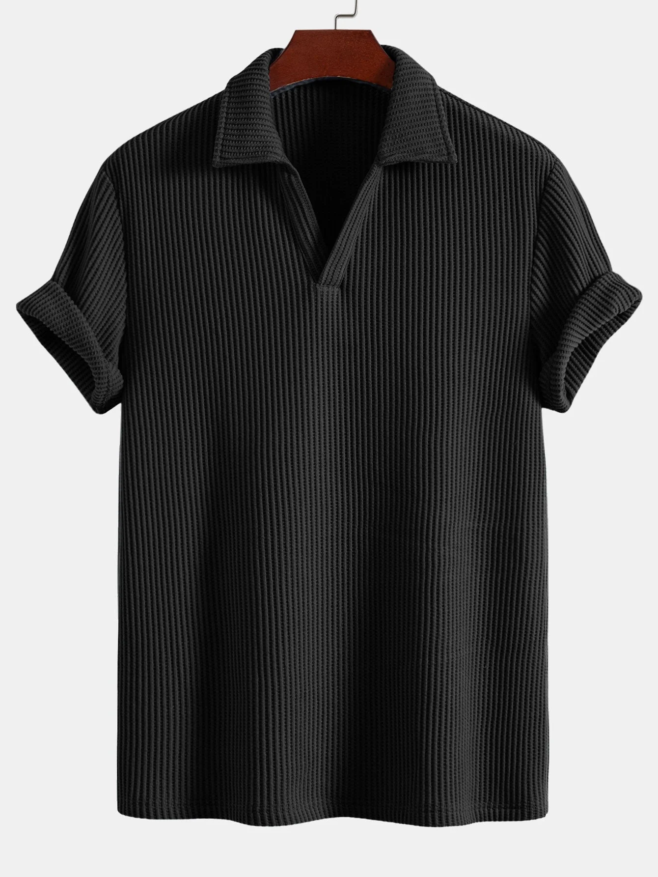 Javier® | Short Sleeved Waffle V-Neck Polo & Drawstring Knitted Waffle Shorts - Image 3