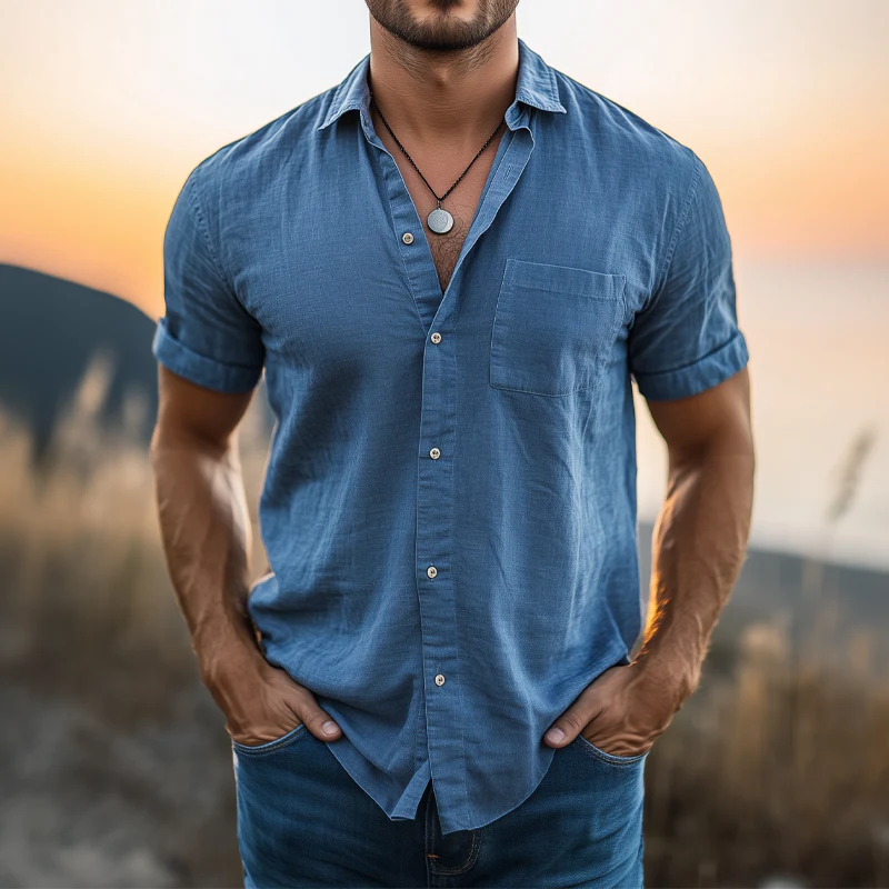 Javier | Men'S Basic Solid Color Cotton And Linen Short Sleeve Shirt - Image 2