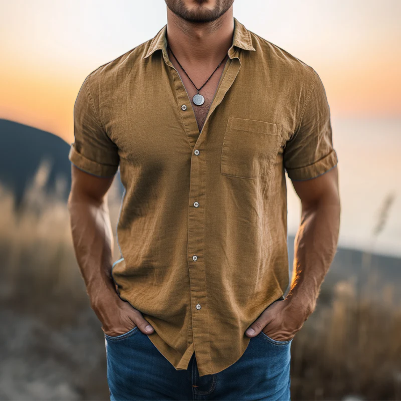 Javier | Men'S Basic Solid Color Cotton And Linen Short Sleeve Shirt - Image 3
