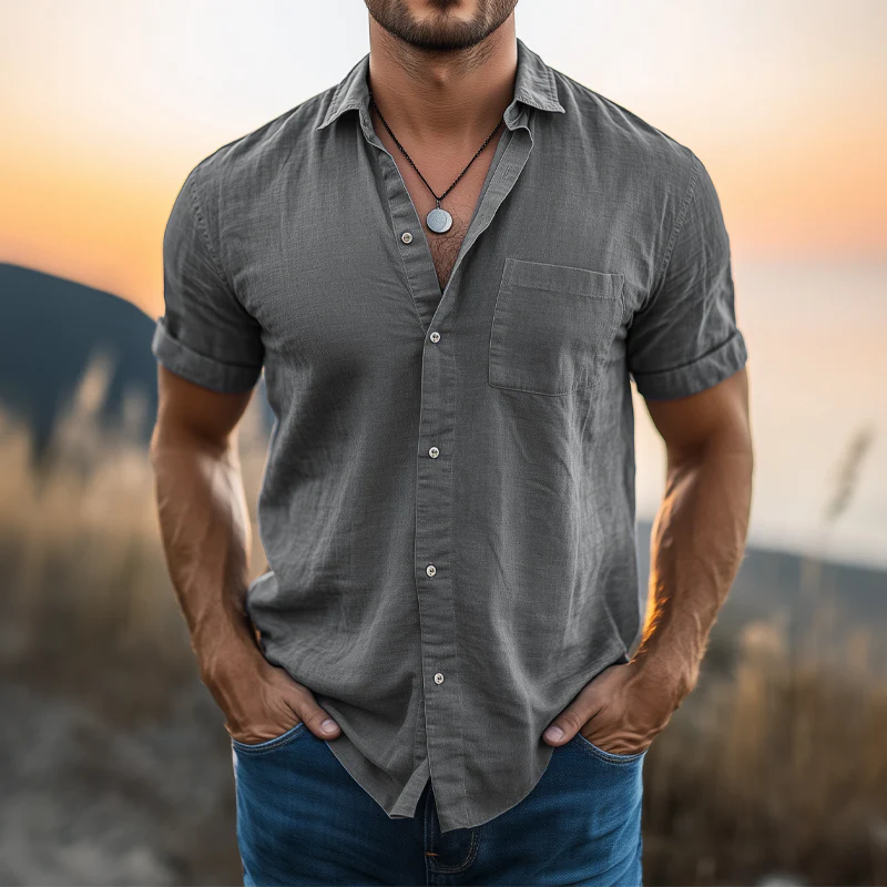 Javier | Men'S Basic Solid Color Cotton And Linen Short Sleeve Shirt - Image 4