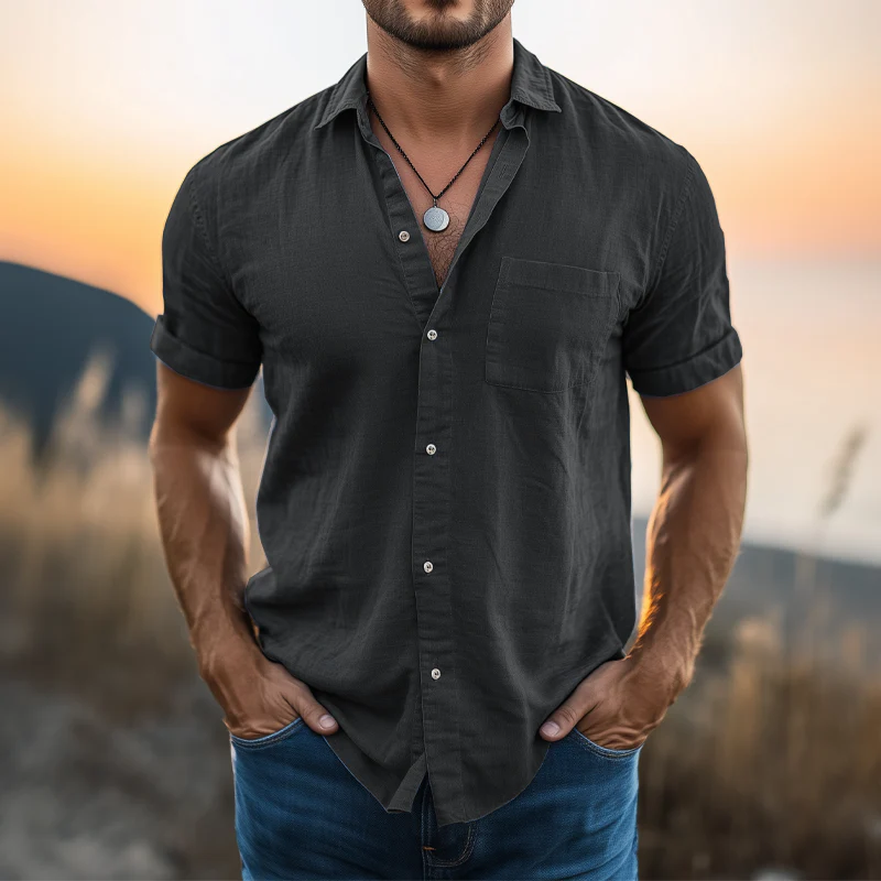 Javier | Men'S Basic Solid Color Cotton And Linen Short Sleeve Shirt - Image 5