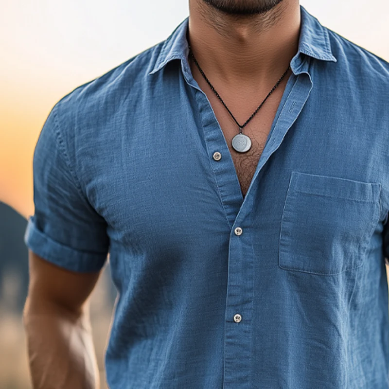 Javier | Men'S Basic Solid Color Cotton And Linen Short Sleeve Shirt - Image 6