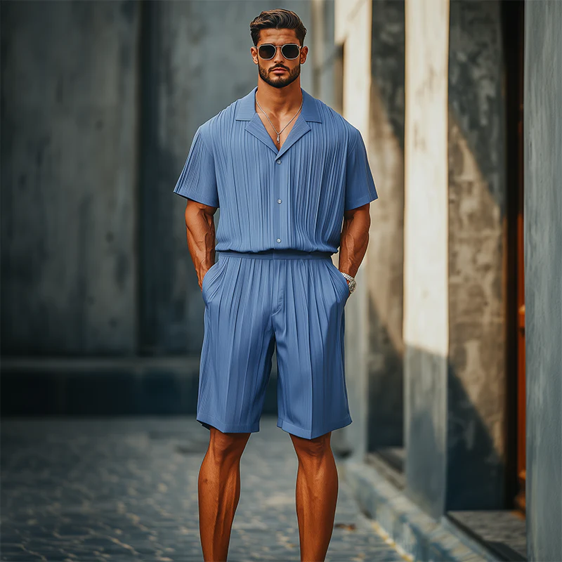 Javier | Men'S Spring And Summer Fashion Casual Cool Pleated Fabric Short-Sleeved Shirt Length To Knee Shorts Set - Image 3