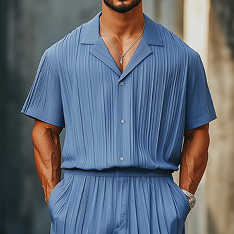 Javier | Men'S Spring And Summer Fashion Casual Cool Pleated Fabric Short-Sleeved Shirt Length To Knee Shorts Set - Image 4