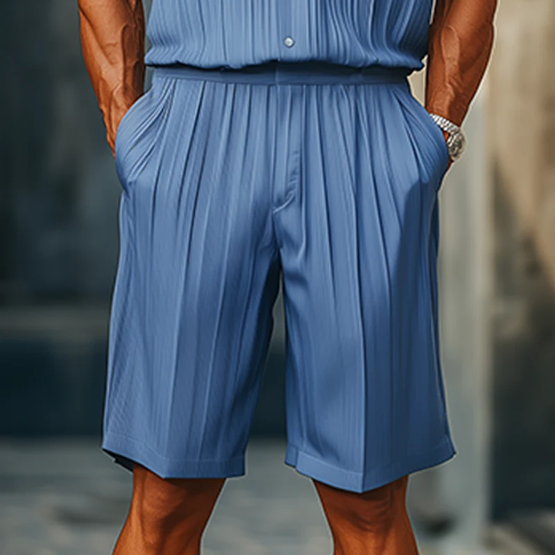 Javier | Men'S Spring And Summer Fashion Casual Cool Pleated Fabric Short-Sleeved Shirt Length To Knee Shorts Set - Image 5