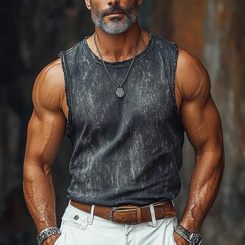 Jed | Men'S Vintage Crew Neck Printed Raw Edge Sleeveless Tank Tops - Image 2
