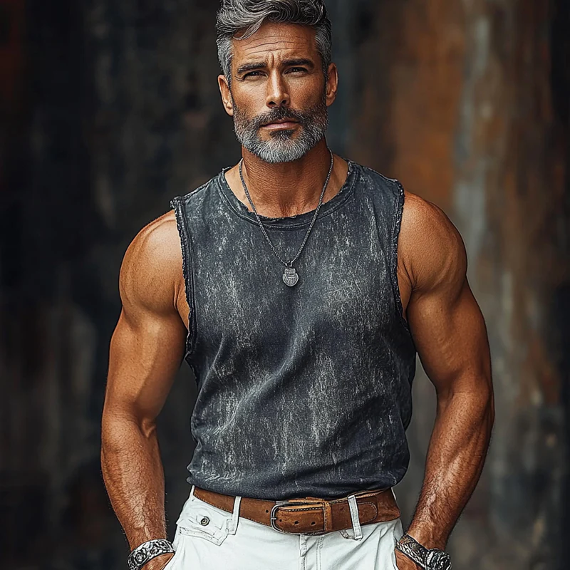 Jed | Men'S Vintage Crew Neck Printed Raw Edge Sleeveless Tank Tops - Image 3