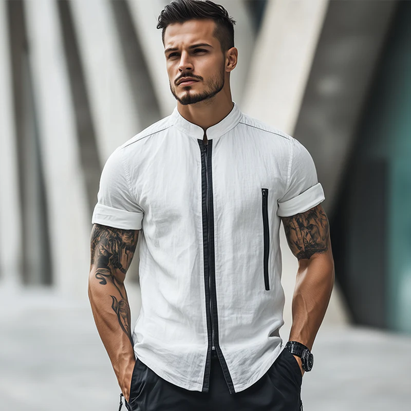 Jeffrey | Men'S Retro Casual Linen Zipper Stand Collar Short Sleeve Shirt - Image 3