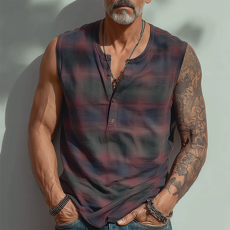 Jeffrey | Men'S Summer Fashion Contrast Print Cotton Blend Sleeveless Henley Shirt - Image 2