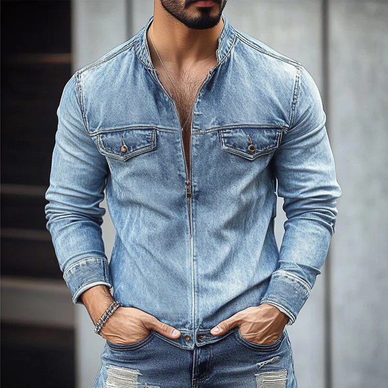 Jeffrey | Men'S Vintage Washed Distressed Stand Collar Zipper Denim Jacket - Image 2