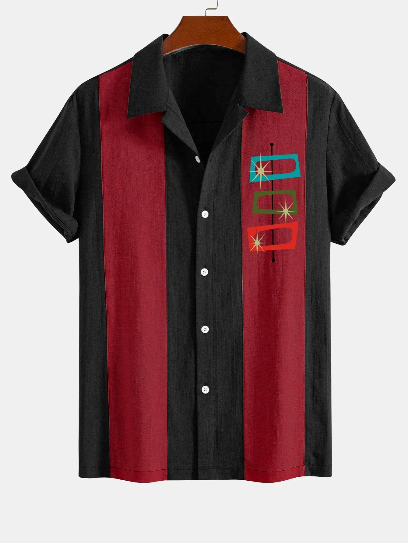 Jeremías® | Atomic Print Linen Look Patchwork Bowling Shirt - Image 6