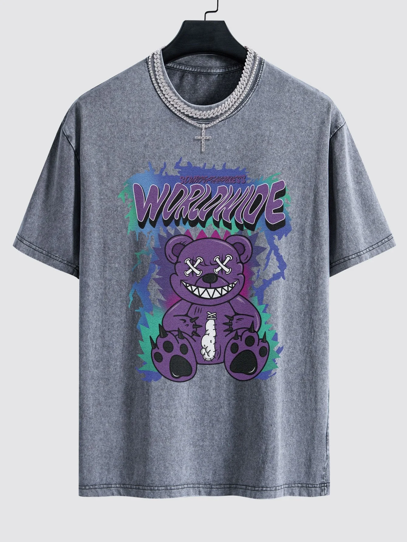 Jeremy® | Tattered Bear Print Washed Drop Shoulder Oversize T-Shirt - Image 2
