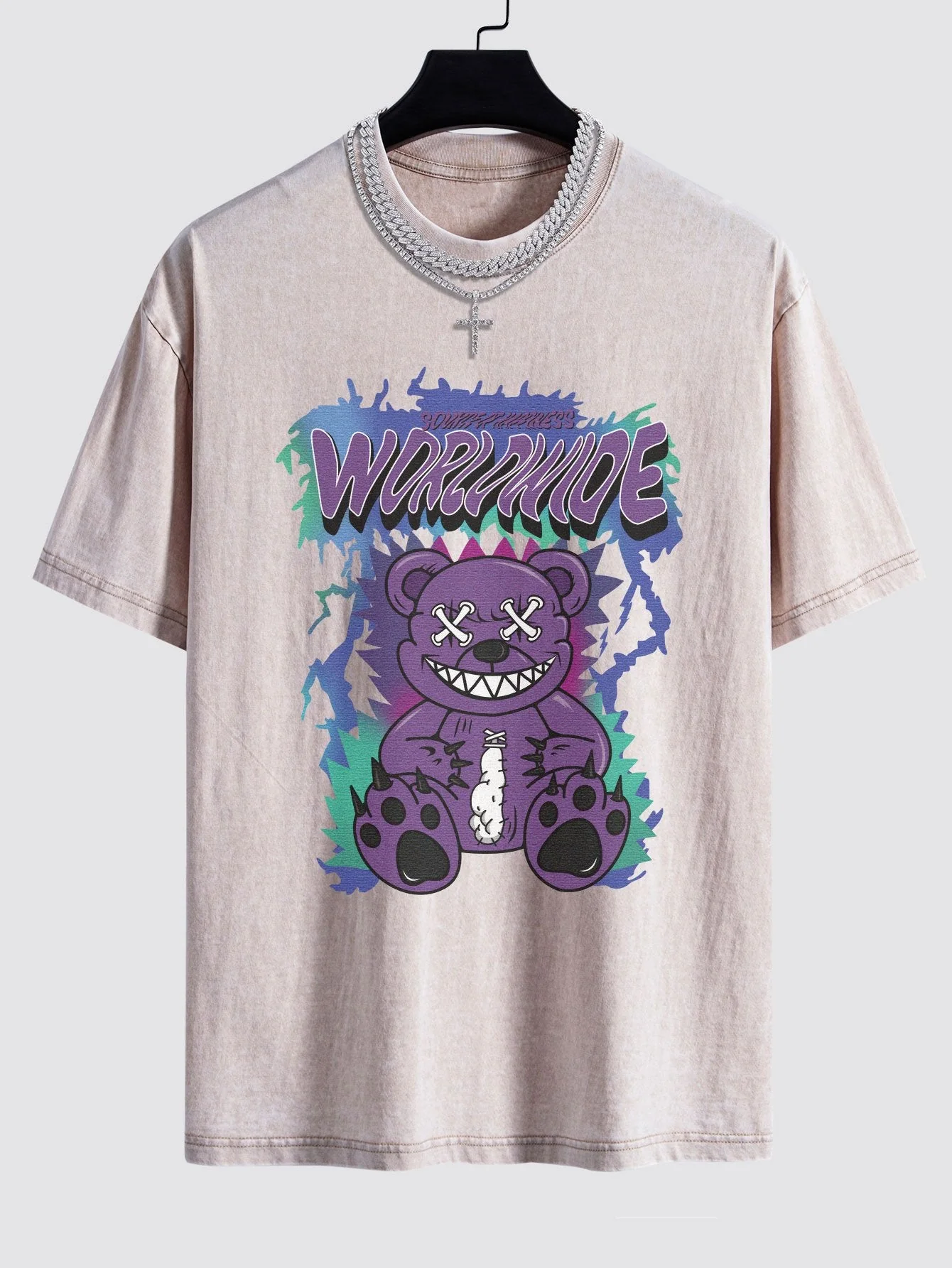 Jeremy® | Tattered Bear Print Washed Drop Shoulder Oversize T-Shirt - Image 3