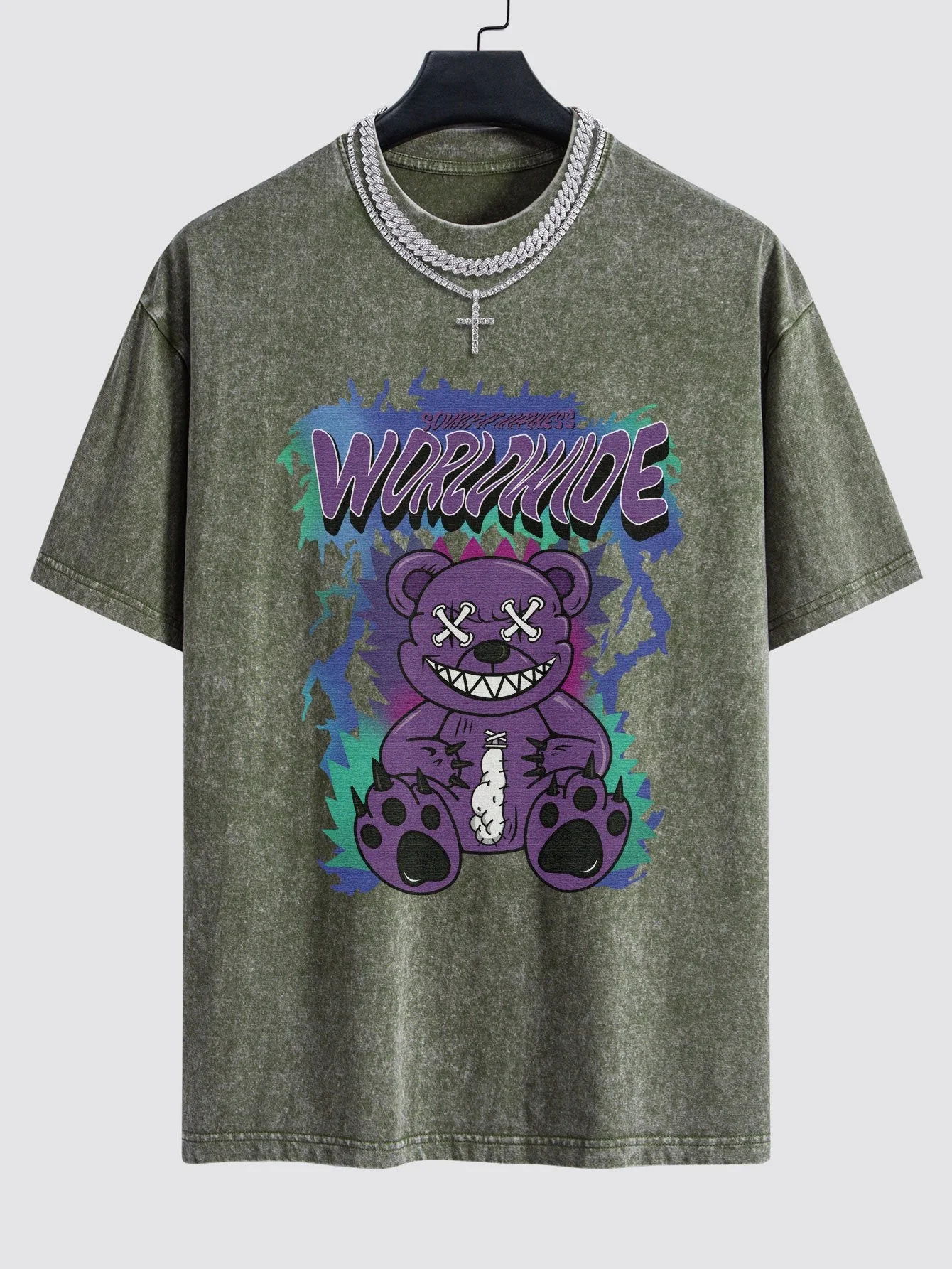 Jeremy® | Tattered Bear Print Washed Drop Shoulder Oversize T-Shirt - Image 5