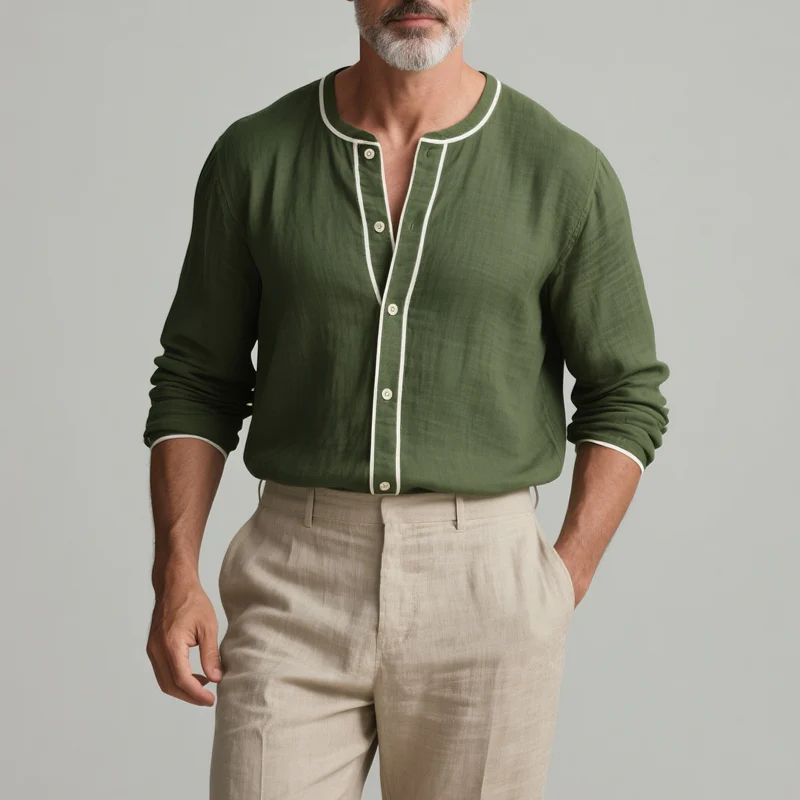 Jeremy | Men'S White Trim Round Neck Long Sleeve Cotton And Linen Shirt - Image 2
