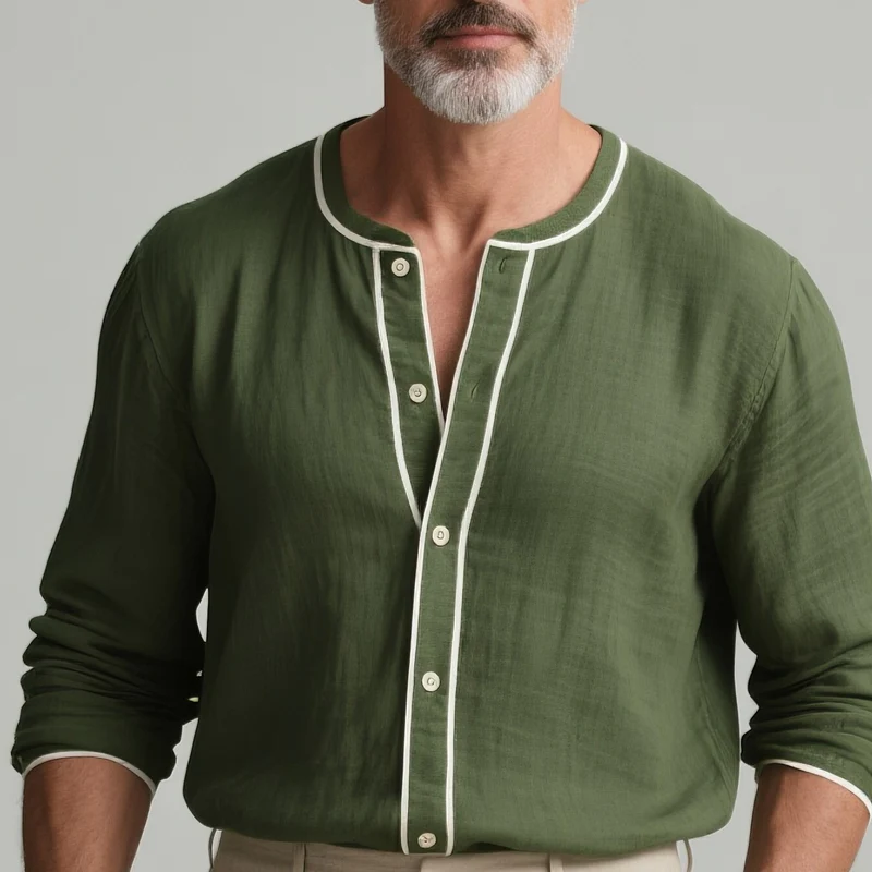 Jeremy | Men'S White Trim Round Neck Long Sleeve Cotton And Linen Shirt - Image 3