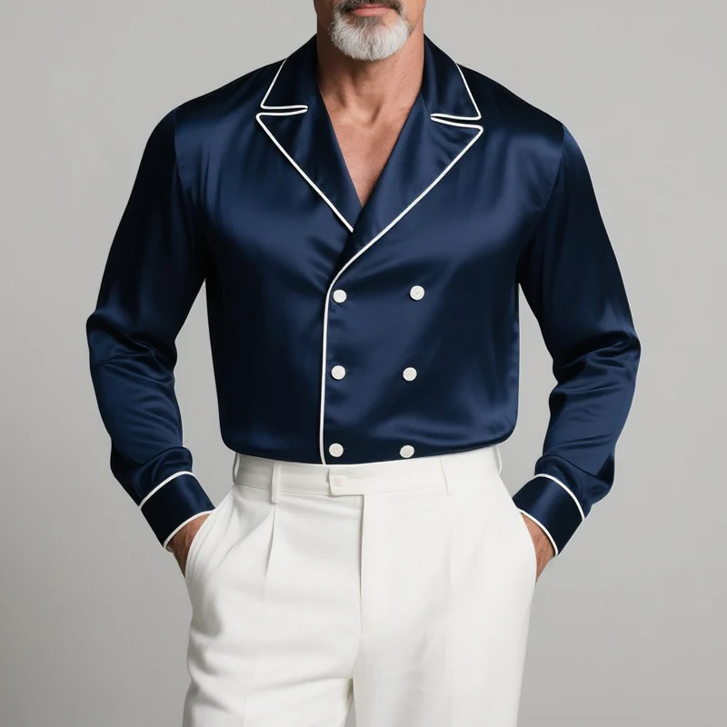 Jerry | Men'S White Trim Lapel Double Breasted Long Sleeve Satin Shirt - Image 2