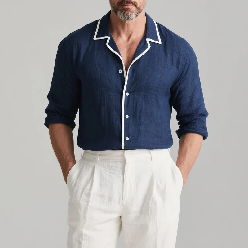 Jesse | Men'S White Trim Lapel Long Sleeve Cotton And Linen Shirt - Image 2