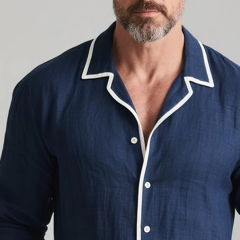 Jesse | Men'S White Trim Lapel Long Sleeve Cotton And Linen Shirt - Image 3