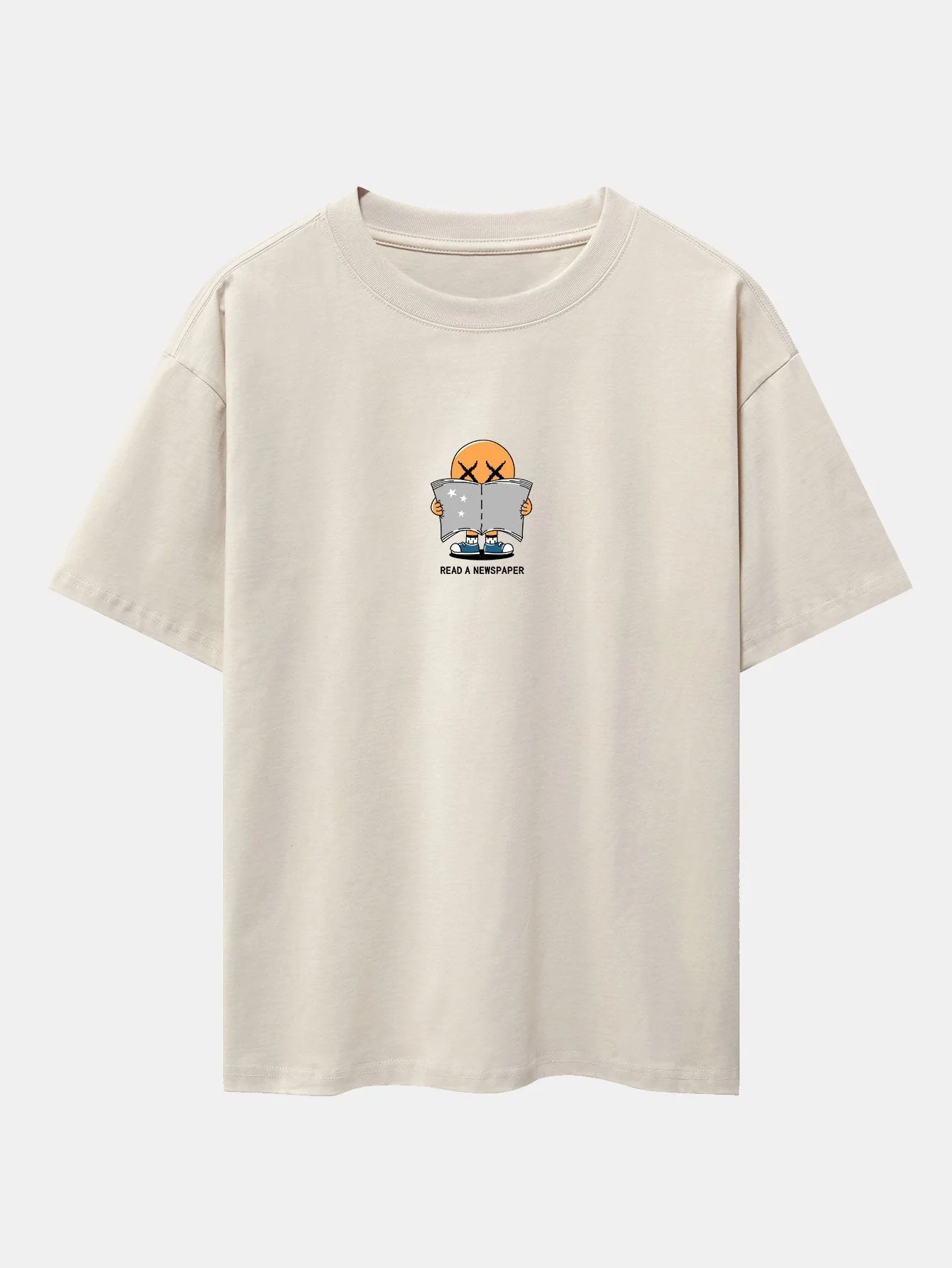 Jesús® | Cartoon Smiley Read Newspaper Print Drop Shoulder Oversize T-Shirt - Image 2
