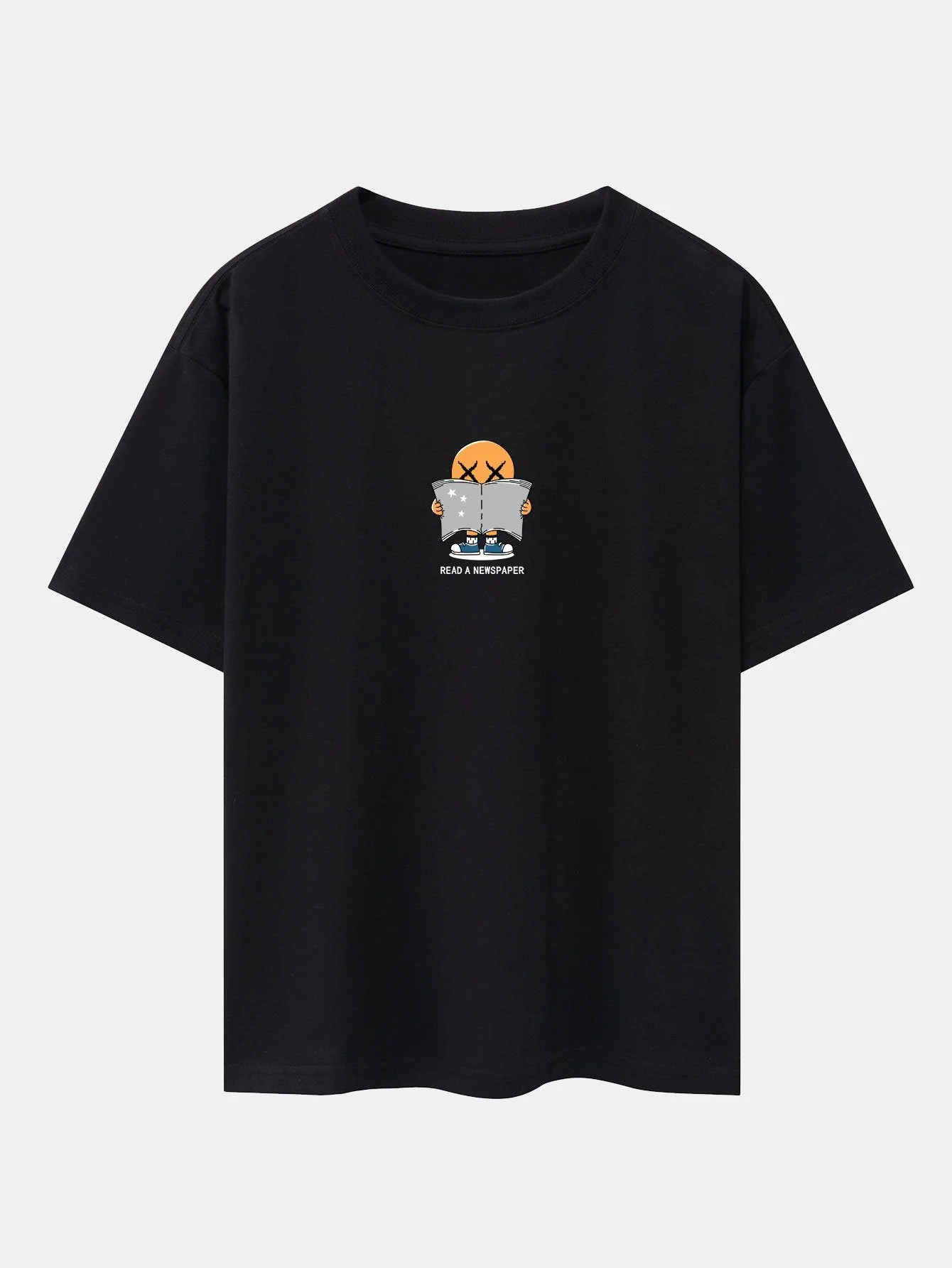 Jesús® | Cartoon Smiley Read Newspaper Print Drop Shoulder Oversize T-Shirt - Image 3