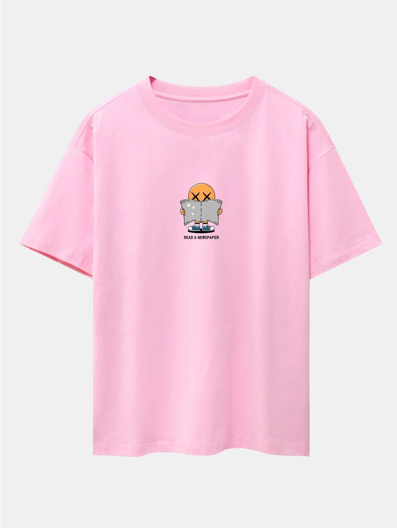 Jesús® | Cartoon Smiley Read Newspaper Print Drop Shoulder Oversize T-Shirt - Image 4