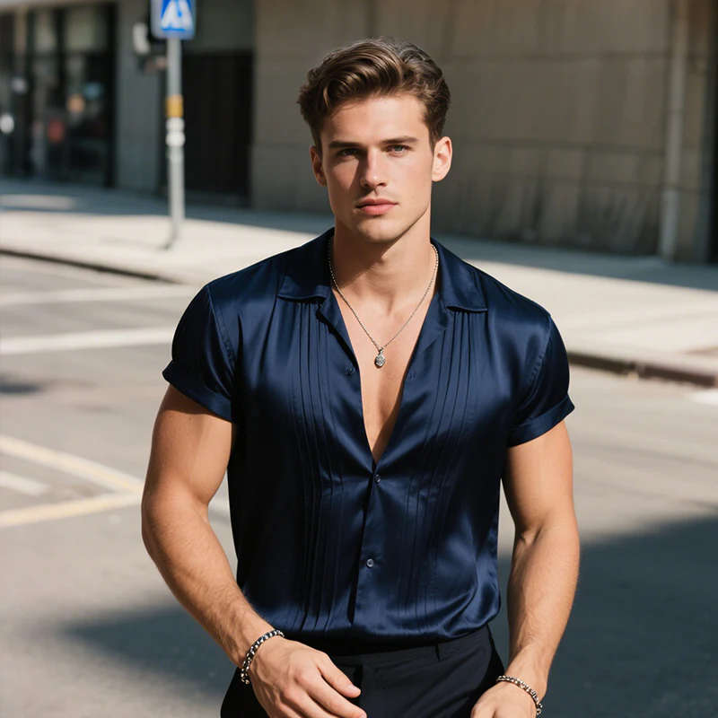 Jim | Men'S Retro Casual Solid Color Satin Pleated Lapel Short Sleeve Shirt - Image 3