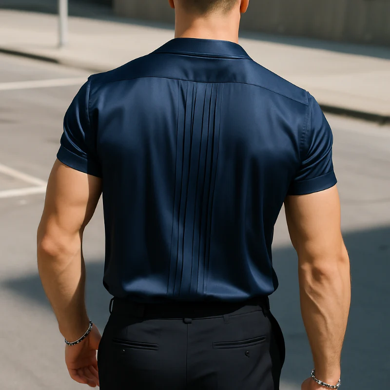 Jim | Men'S Retro Casual Solid Color Satin Pleated Lapel Short Sleeve Shirt - Image 4