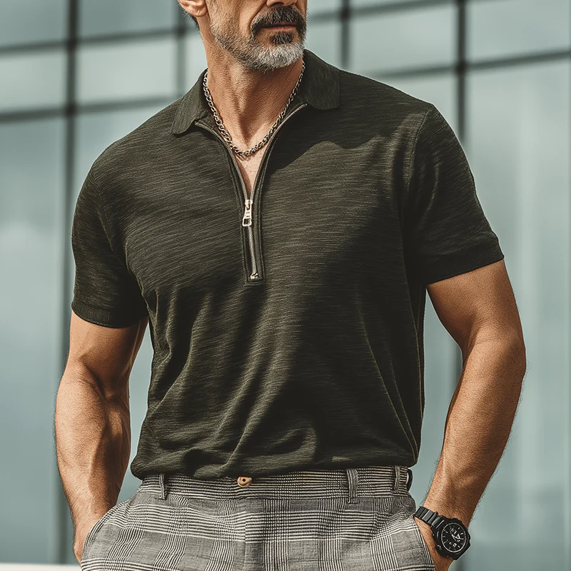 Jim | Men'S Summer Fashion Cotton Blend Zipper Collar Short Sleeve Polo Shirt - Image 2