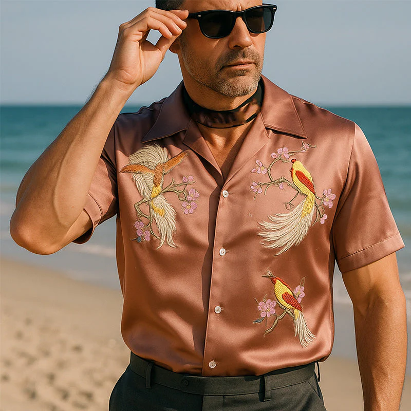 Joaquin | Men'S Summer Fashion Satin Flower And Bird Embroidery Short Sleeve Shirt - Image 2