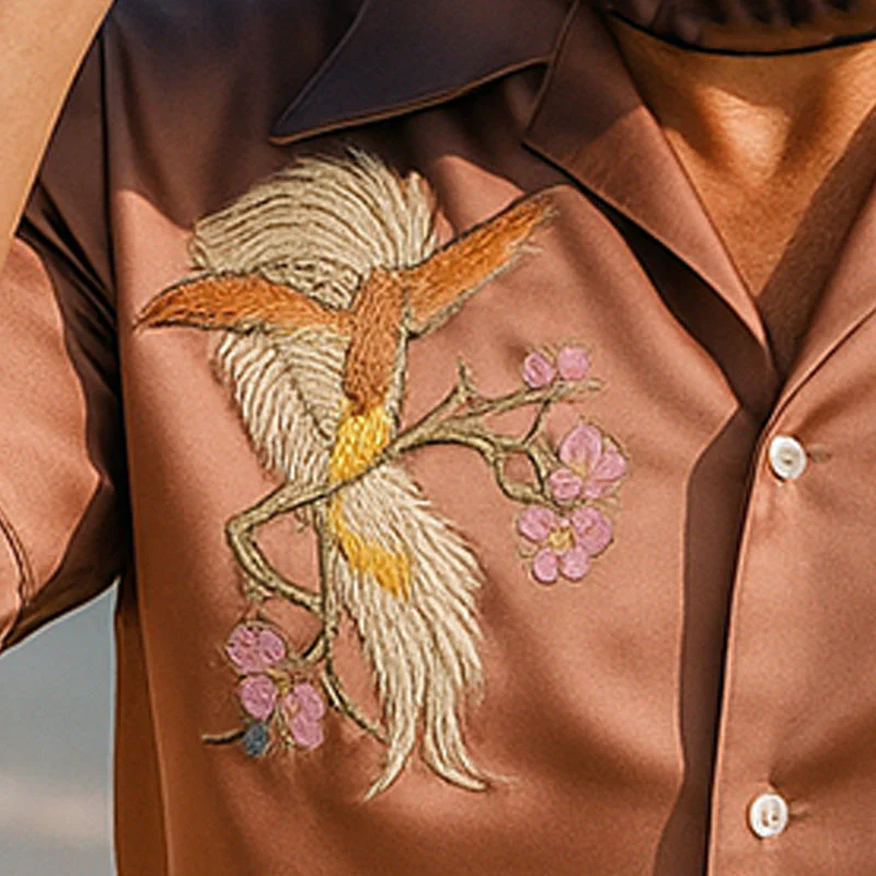 Joaquin | Men'S Summer Fashion Satin Flower And Bird Embroidery Short Sleeve Shirt - Image 3
