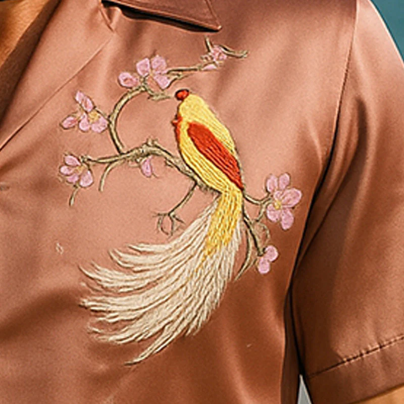 Joaquin | Men'S Summer Fashion Satin Flower And Bird Embroidery Short Sleeve Shirt - Image 4