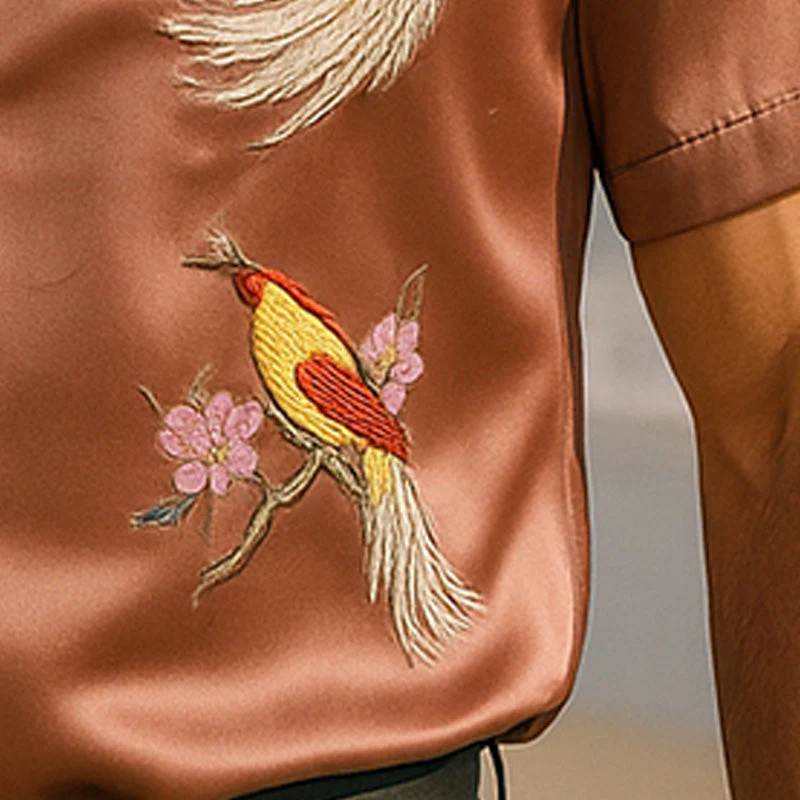 Joaquin | Men'S Summer Fashion Satin Flower And Bird Embroidery Short Sleeve Shirt - Image 5