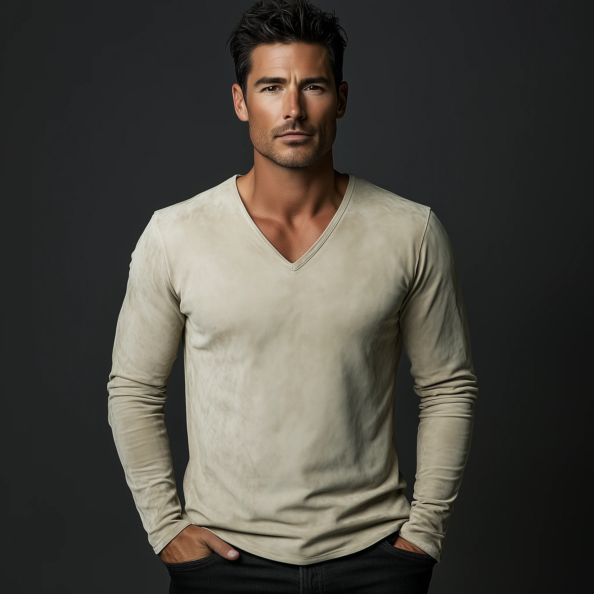 Joe | Men'S Vintage Faux Suede V-Neck Long Sleeve T-Shirt - Image 4