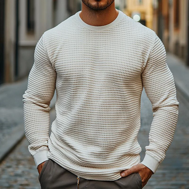 Joel | Men'S Retro Casual Solid Color Waffle Round Neck Long Sleeve T-Shirt 28567999To - Image 2