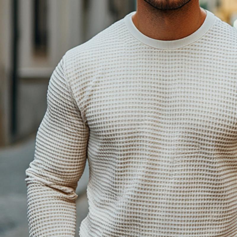 Joel | Men'S Retro Casual Solid Color Waffle Round Neck Long Sleeve T-Shirt 28567999To - Image 3