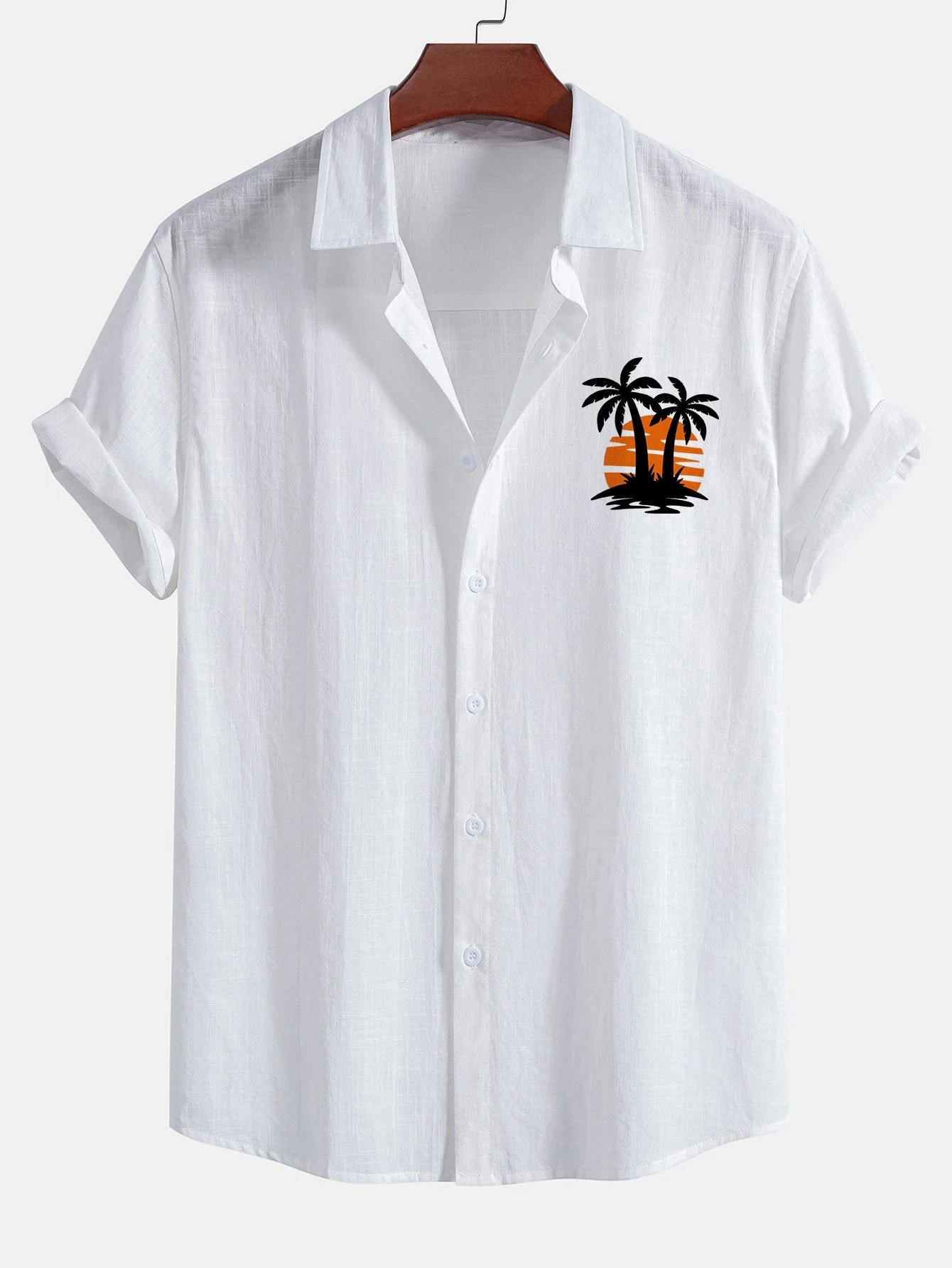 Johan® | Sunset Palm Trees Print Linen Look Cotton Button Up Shirt & Swim Shorts - Image 2