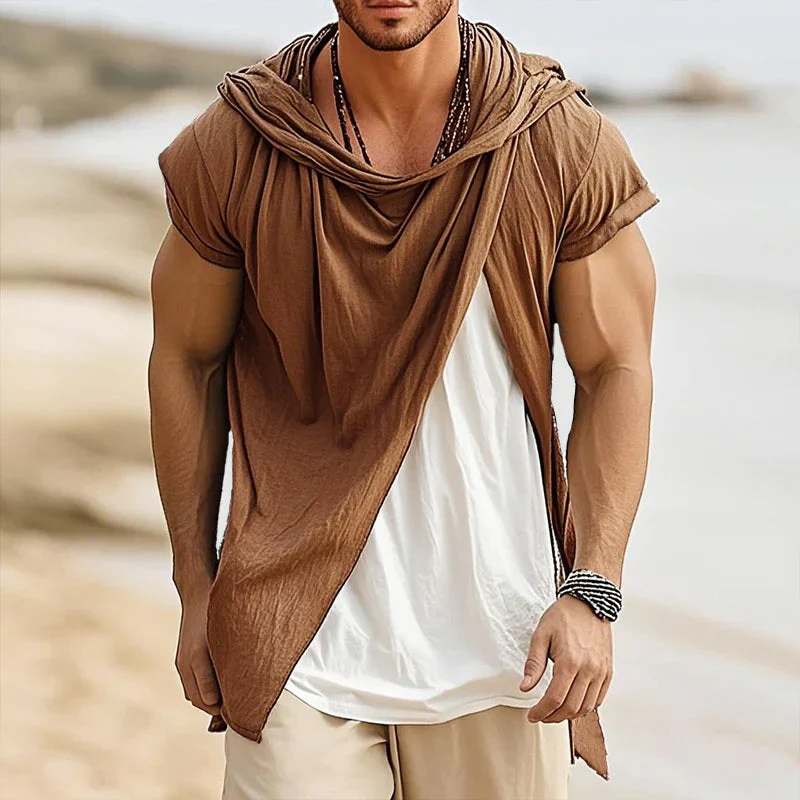 John | Men'S Retro Casual Cotton Linen Colorblock Fake Two-Piece Hooded Short-Sleeved Shirt - Image 2